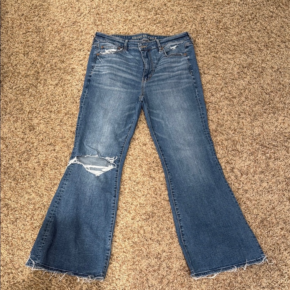 American Eagle Blue Flare Jeans with Distressed Details